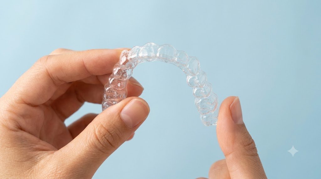 Clear Invisalign aligner being held showing transparent orthodontic option