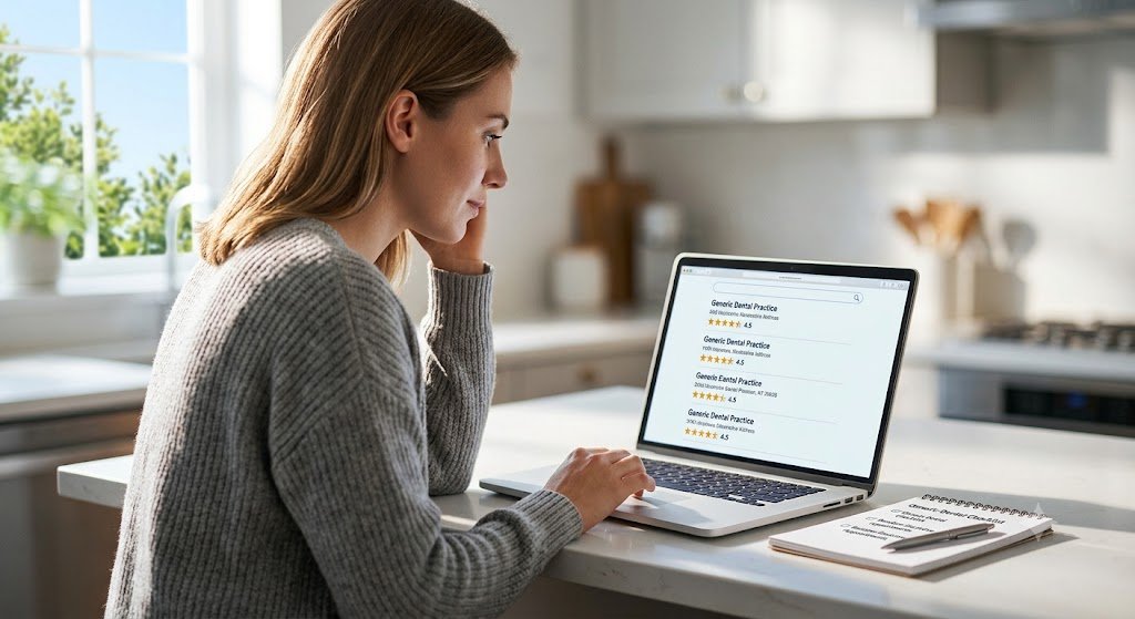 how-to-choose-a-dentist-in-huntington-beach Person researching and comparing dentists online using laptop with review ratings