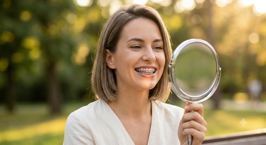 Woman with braces smiling in mirror showing orthodontic treatment results