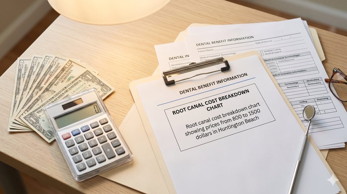 Root canal cost breakdown chart showing prices from 800 to 1500 dollars in Huntington Beach