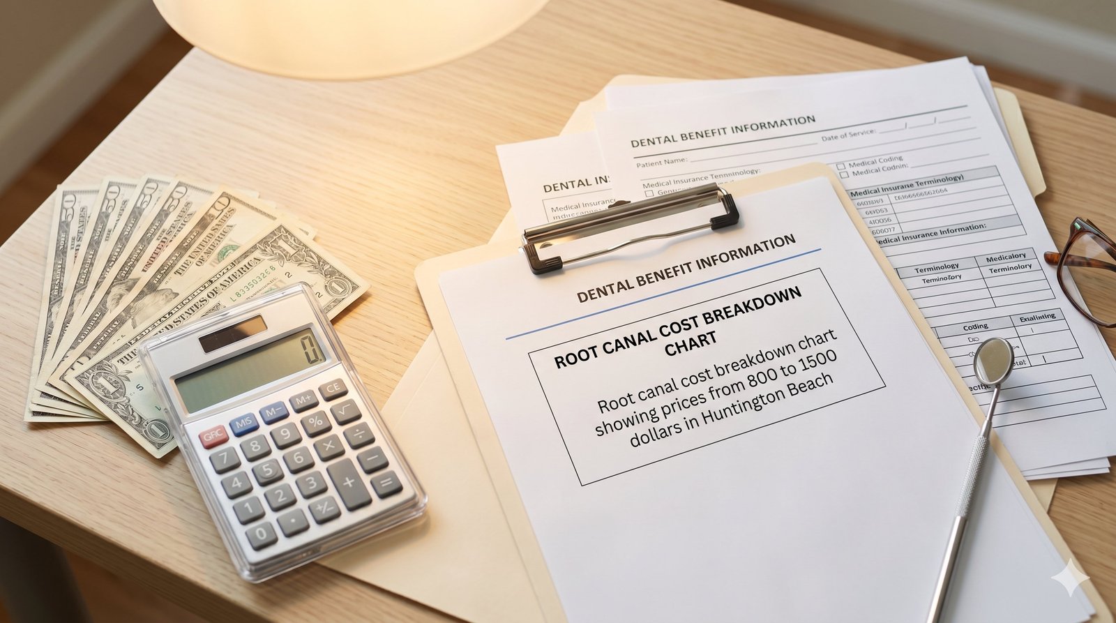 Root canal cost breakdown chart showing prices from 800 to 1500 dollars in Huntington Beach