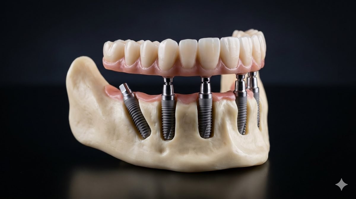 All-on-4 dental implant model showing four implants supporting a full arch of teeth