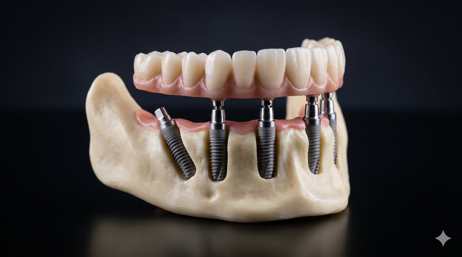 All-on-4 dental implant model showing four implants supporting a full arch of teeth