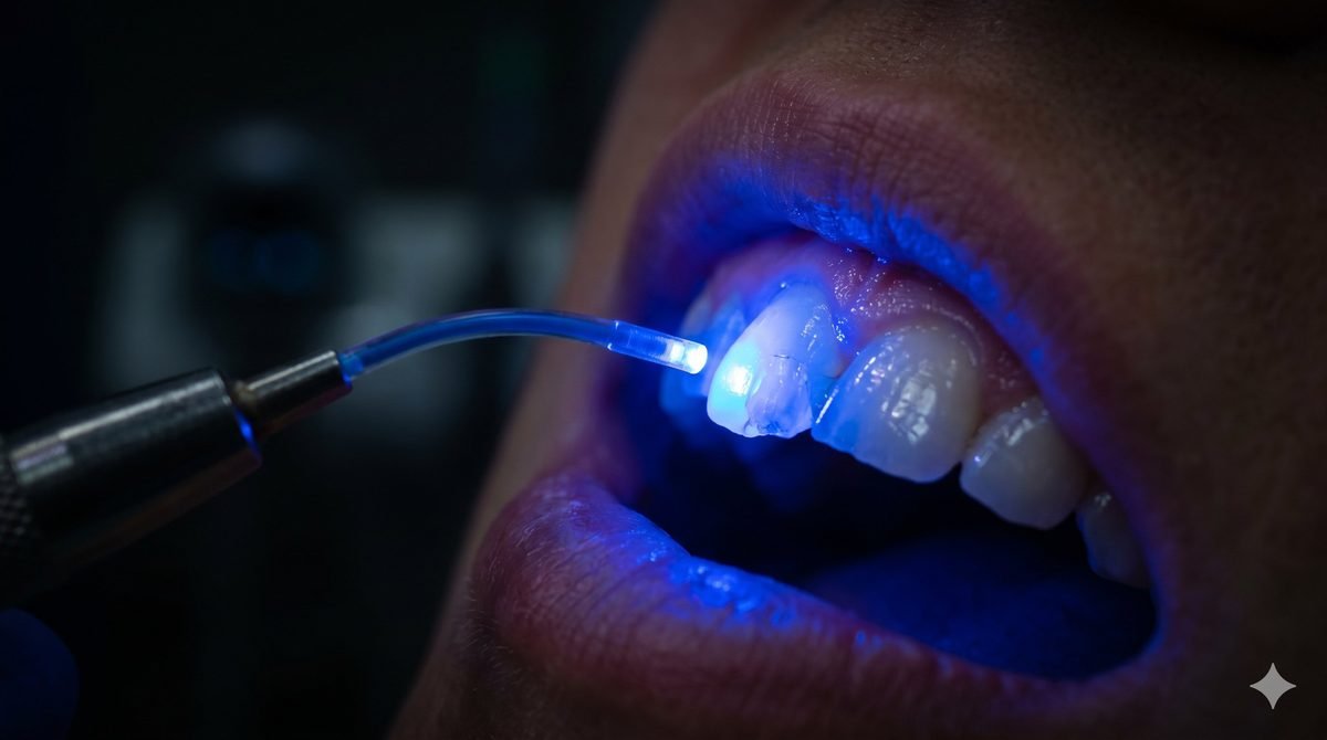 dental-bonding Dental bonding composite resin being applied to a front tooth with blue LED curing light