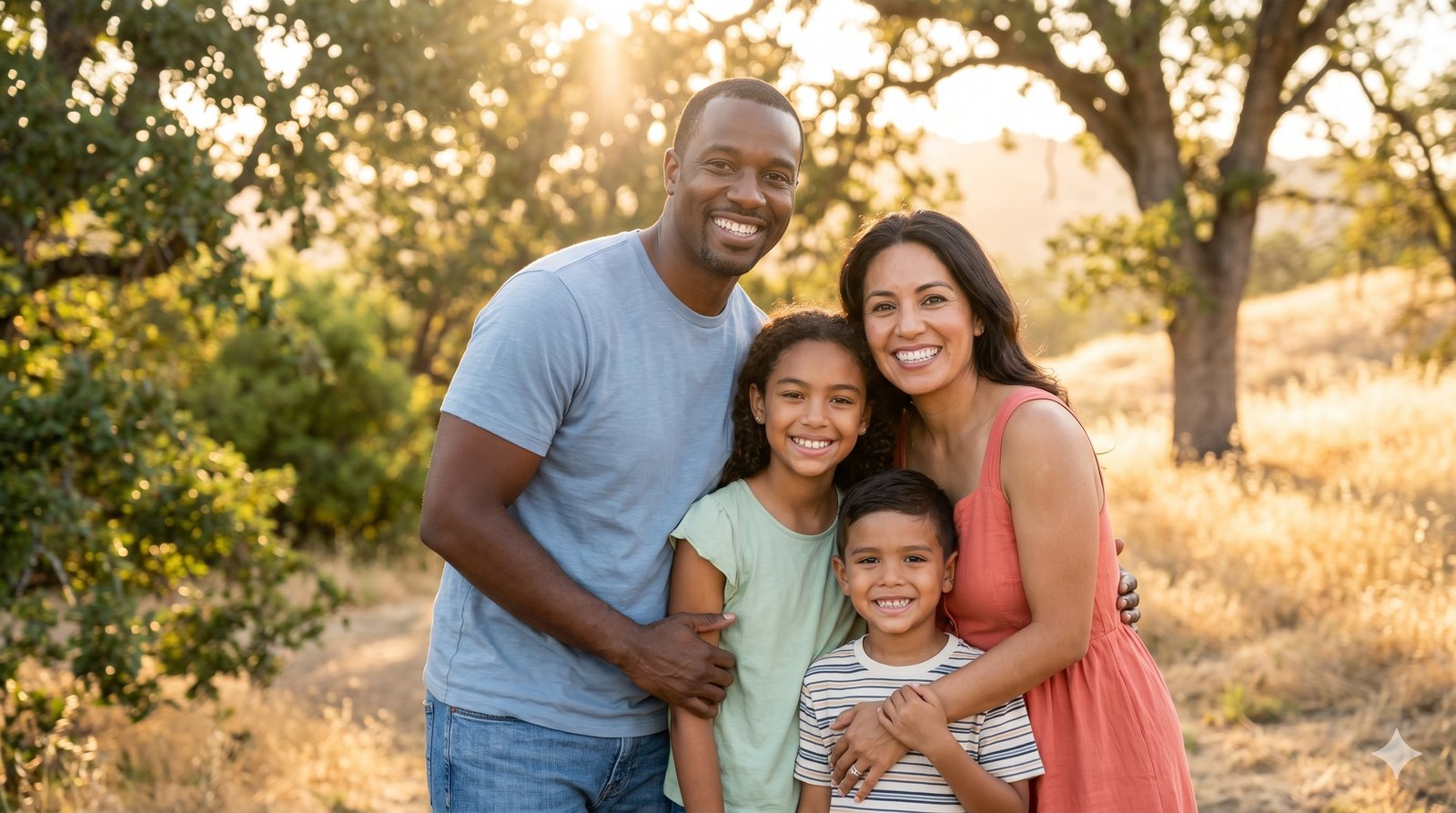 family-dentistry Family of four smiling together showing healthy teeth from regular dental checkups