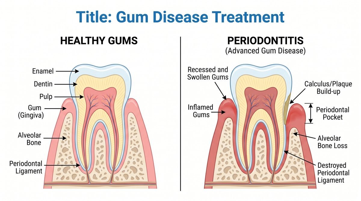 gum-disease Healthy pink gums compared to inflamed gums showing signs of periodontal disease