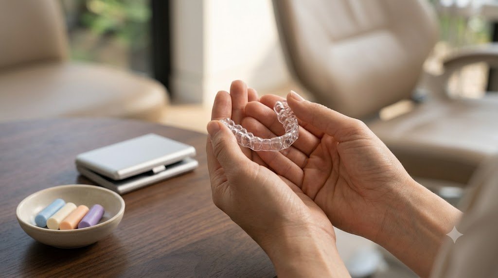 invisalign Clear Invisalign aligner being held up showing transparent teeth straightening tray