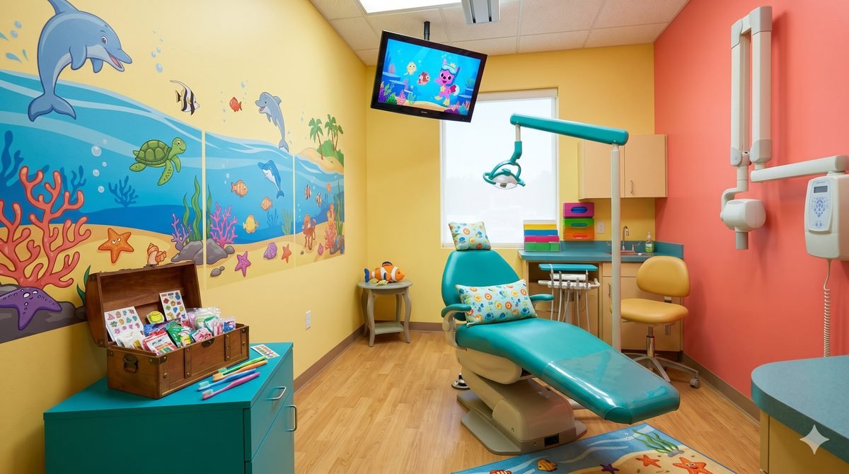 pediatric-dentistry Child-friendly dental treatment room with ocean theme decorations and treasure chest prizes