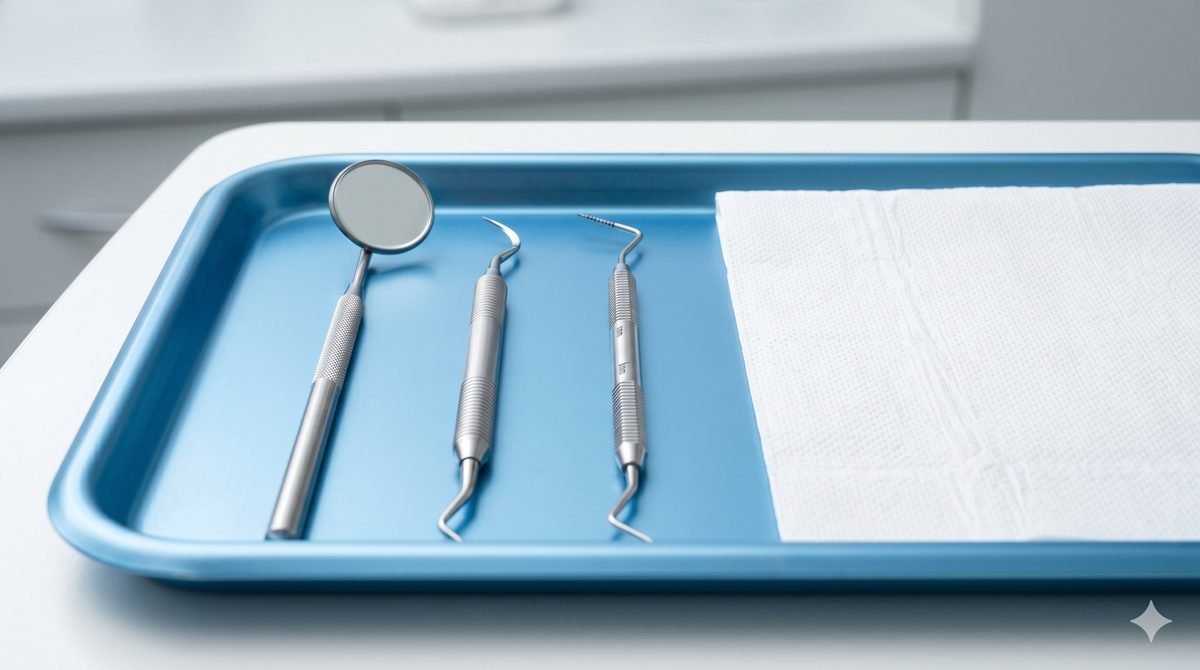 Dental hygiene instruments arranged on sterile blue tray for preventive care checkup
