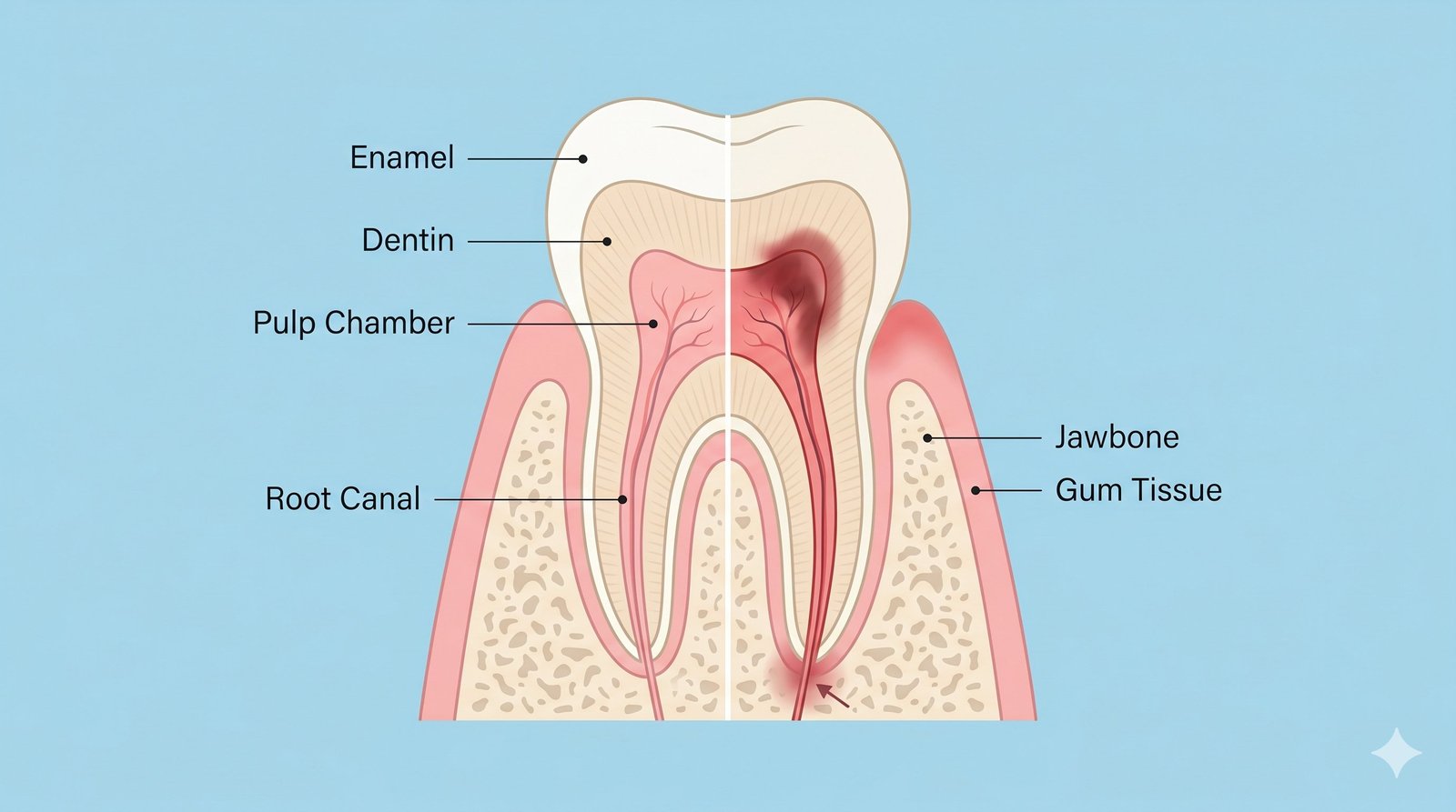 root-canal Root canal therapy diagram showing treatment inside a tooth to remove infected pulp