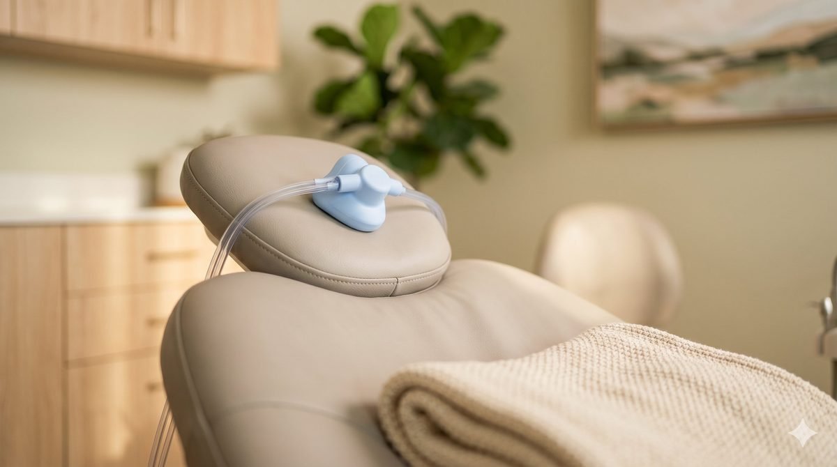 sedation-dentistry Dental nitrous oxide nasal mask on comfortable chair for anxiety-free treatment