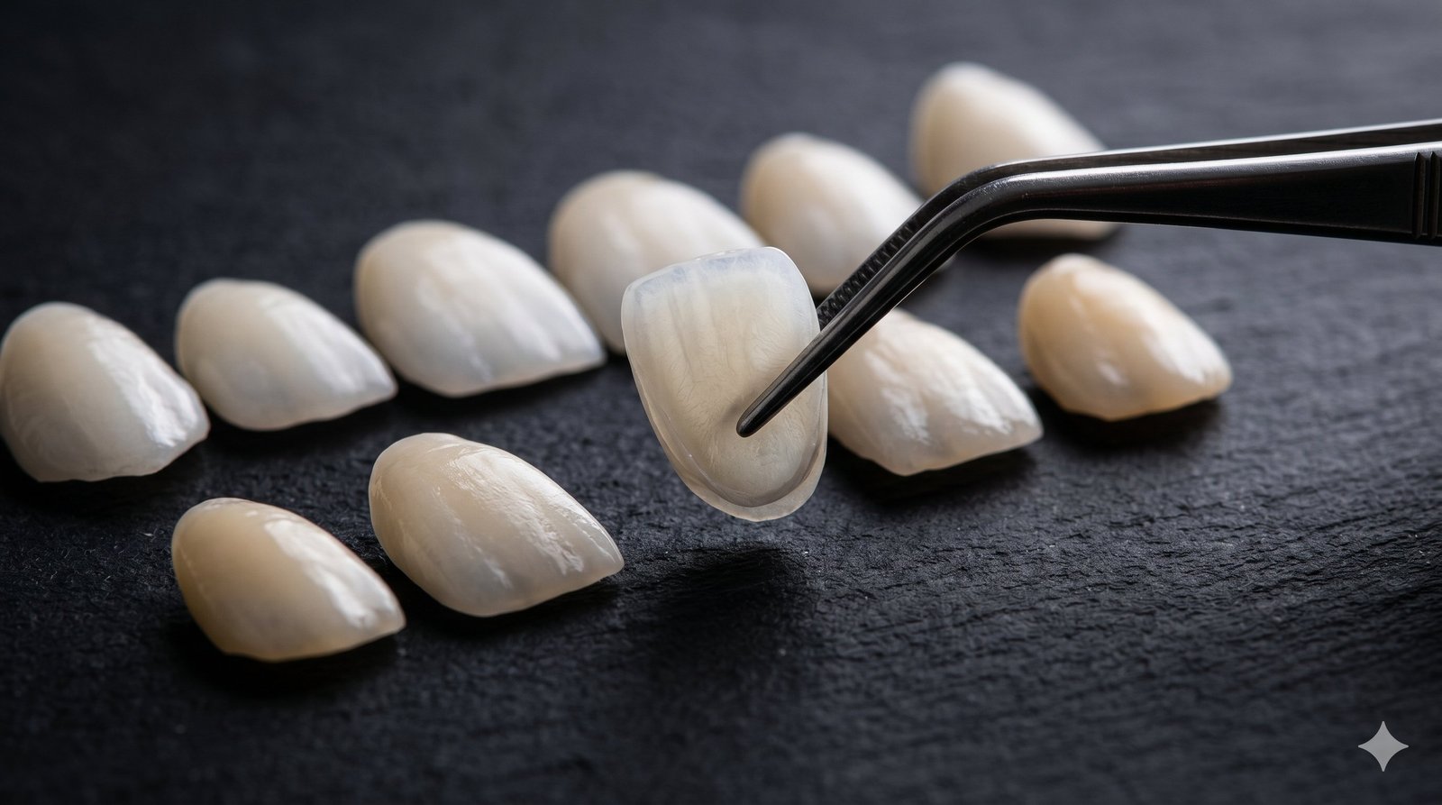 veneers Porcelain dental veneers showing thin shells that cover front teeth for a perfect smile